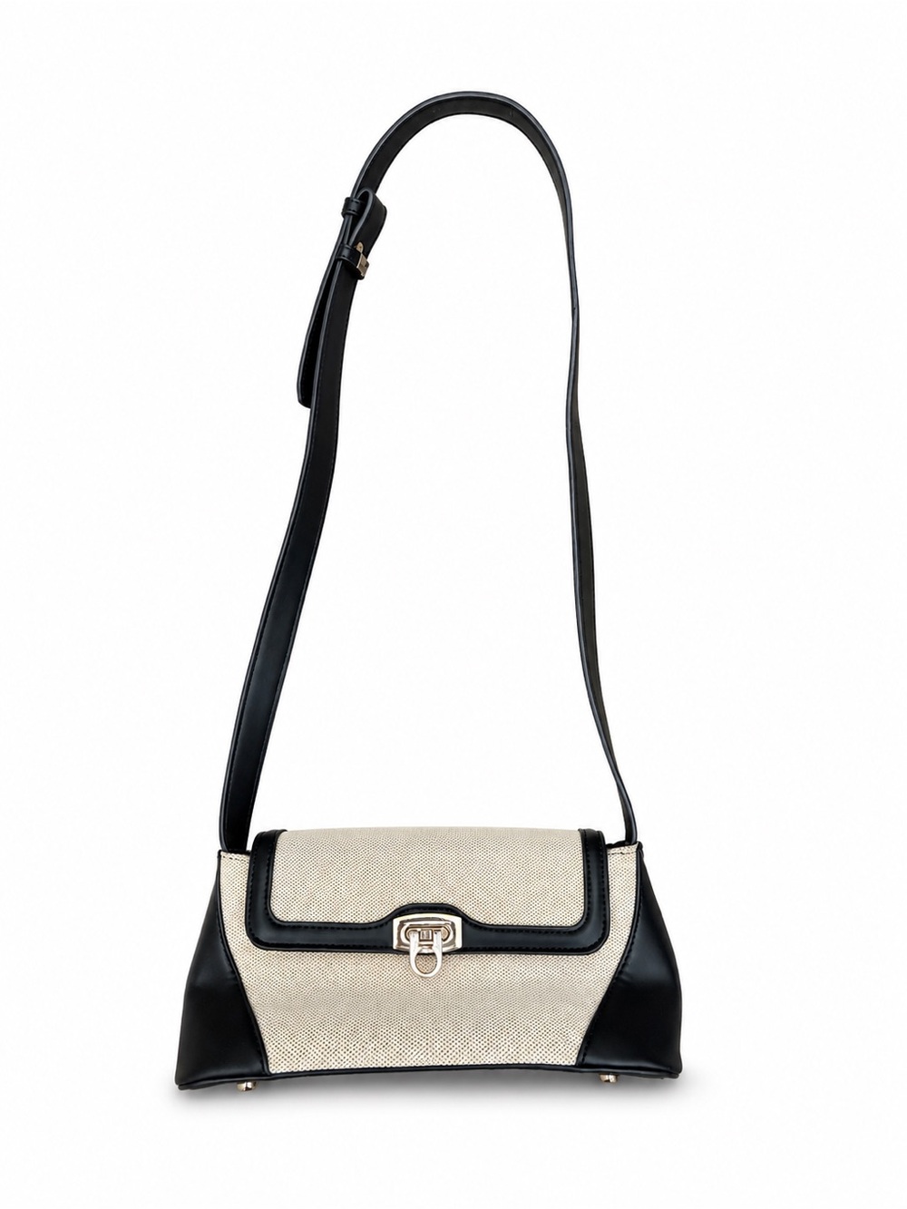 Vintage Style Black & Cream Canvas Shoulder Bag Gold Turn Lock